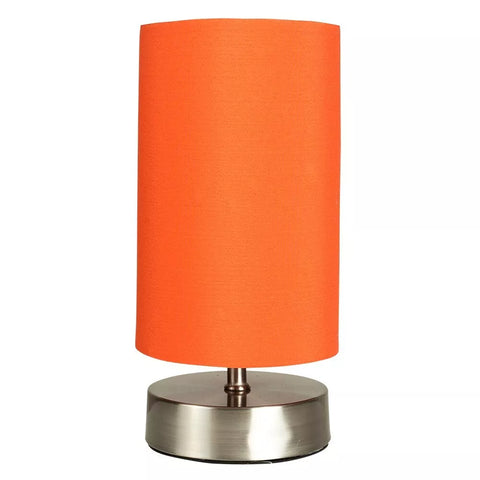 Dimmable LED table lamp with cylindrical fabric shade – perfect for UK bedrooms.

