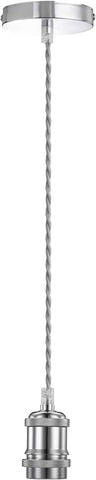 Chrome pendant light fixture with a visible brand logo on a white background