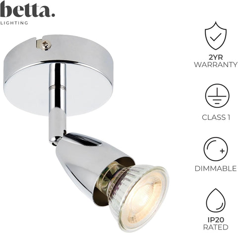 Chrome spotlight with GU10 bulb on a white background, featuring betta. branding and product features.