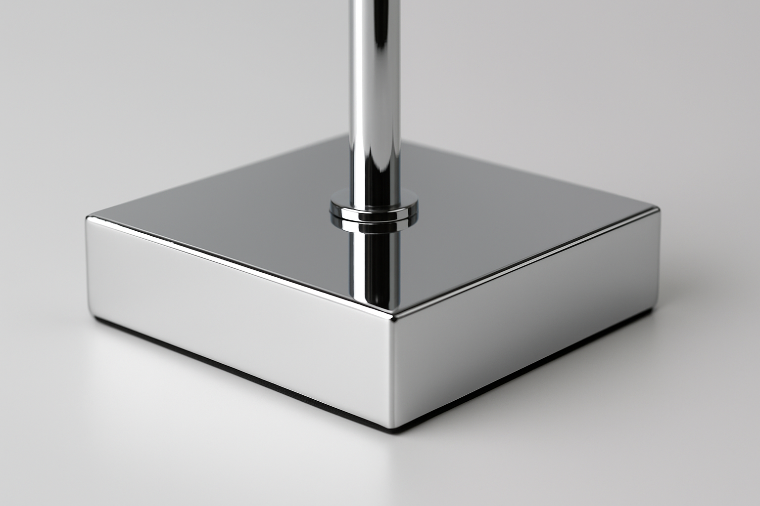 Chrome stand with square base on a light gray background