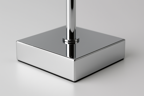 Chrome stand with square base on a light gray background