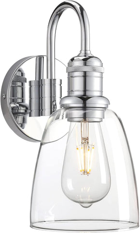 Chrome wall sconce with clear glass shade on a white background