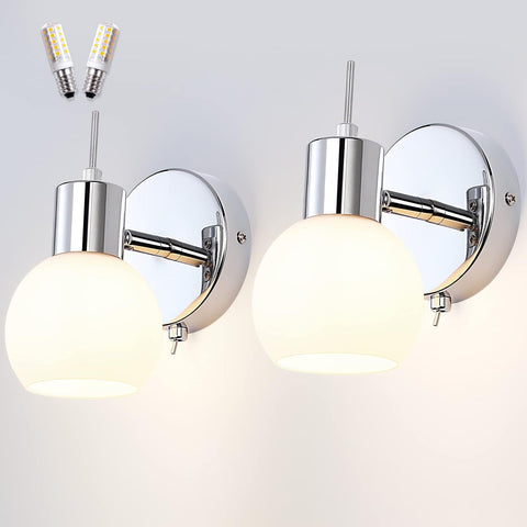 Chrome wall sconces with glass shades on a white background