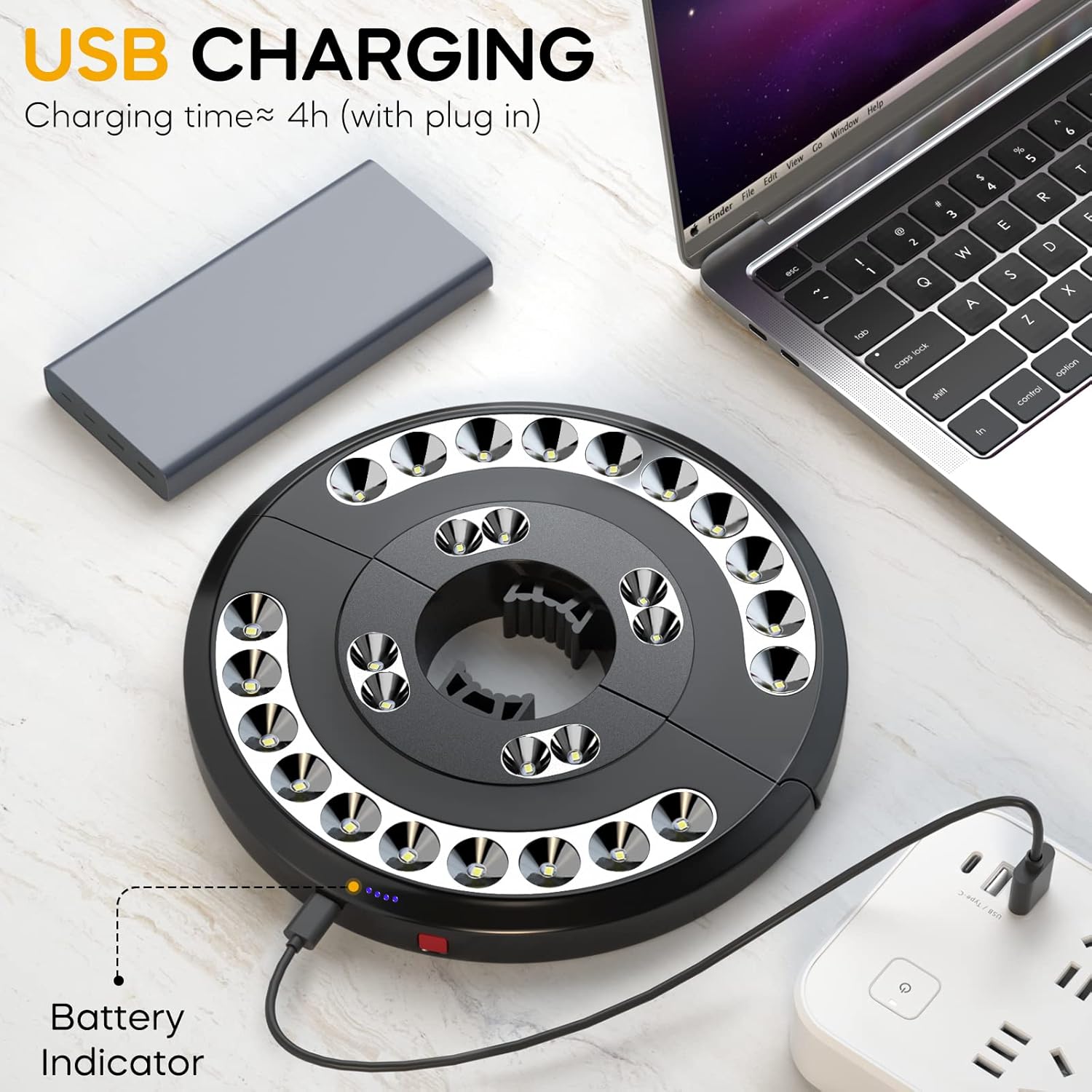 Circular charging device with USB cable connected to a laptop on a light surface.