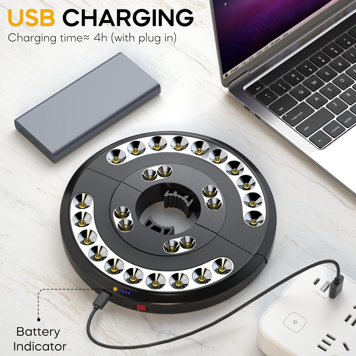 Circular charging device with USB cable connected to a laptop on a white surface.