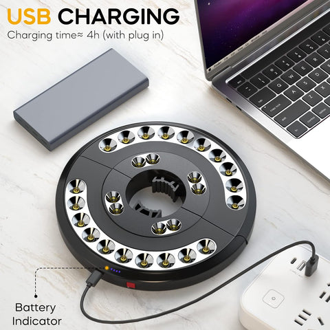 Circular charging device with USB cable connected to a laptop on a white surface.