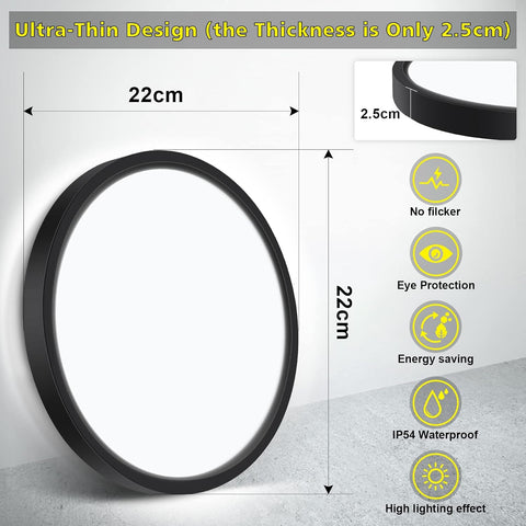 Circular light fixture with dimensions and features listed on a gray background
