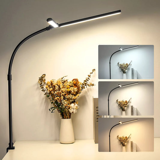 Dual-Head LED Clip-On Desk Lamp on a study desk

