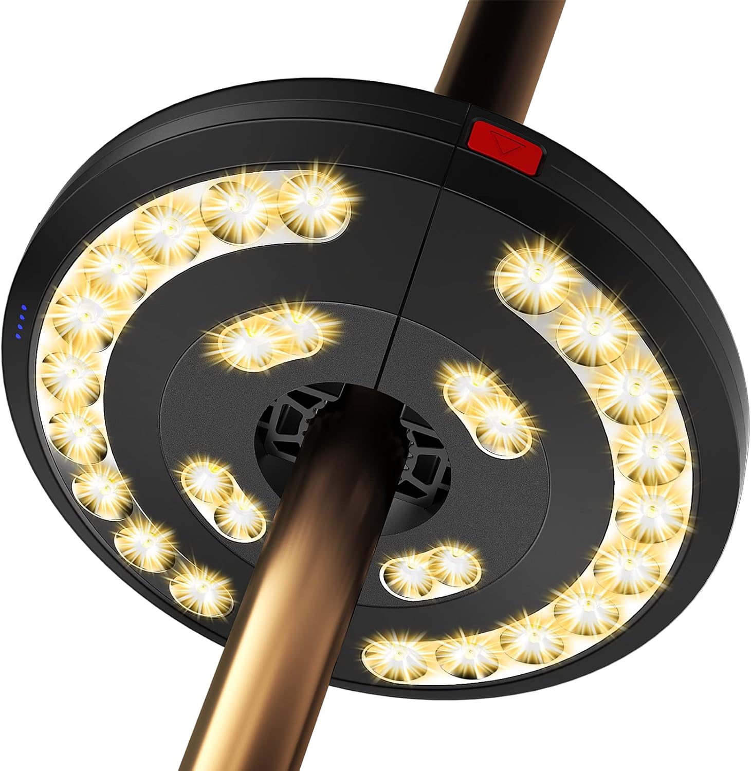 Close-up of a bicycle wheel with glowing lights on a white background