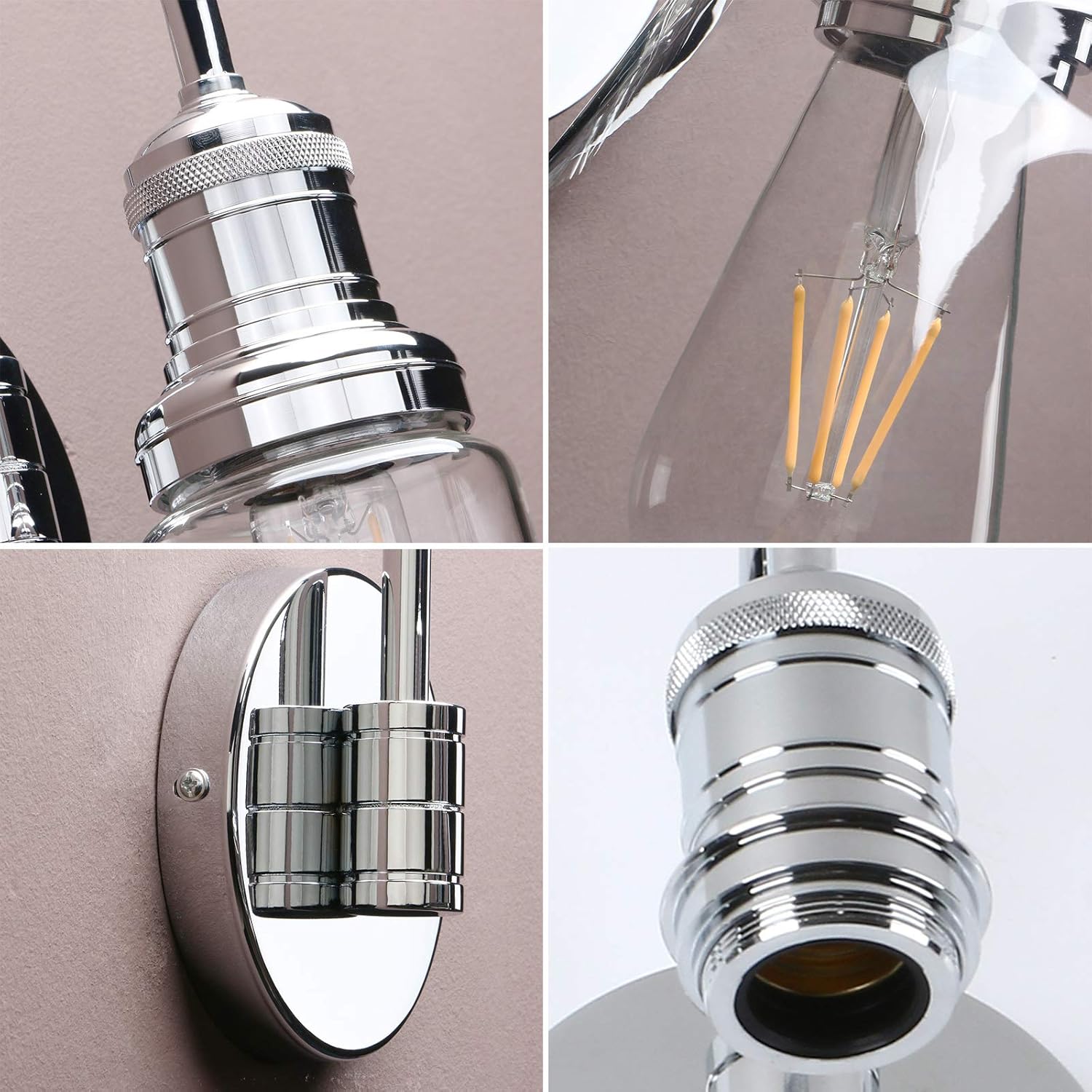 Close-up of a chrome light fixture with detailed views on a neutral background