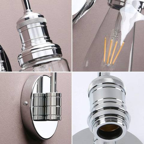 Close-up of a chrome light fixture with detailed views on a neutral background