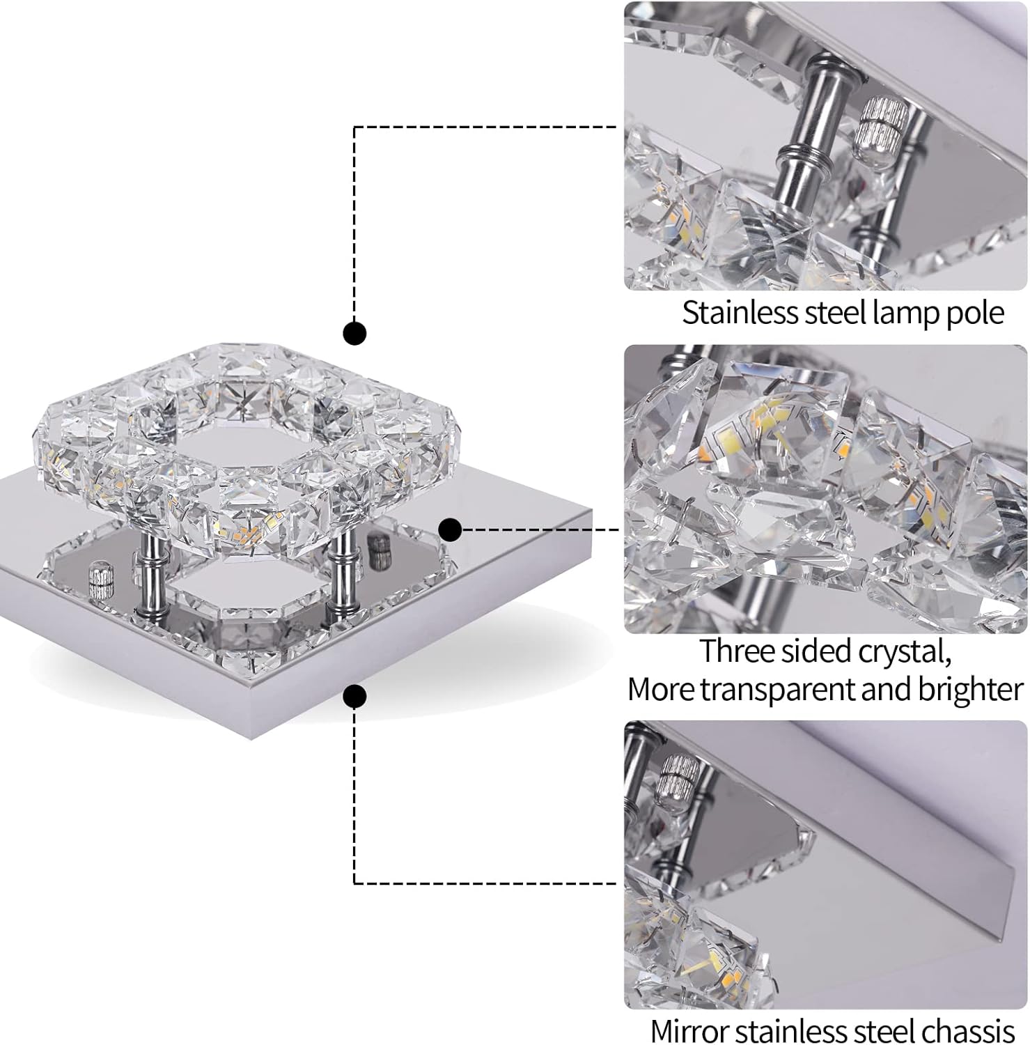 Close-up of a crystal light fixture with labeled parts on a white background