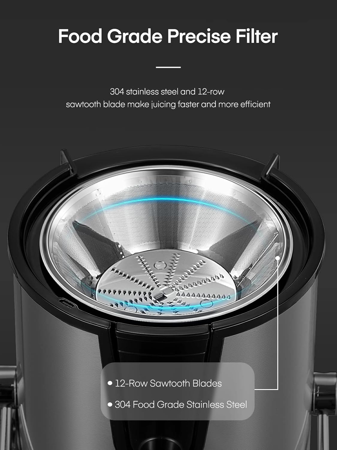 Close-up of a juicer filter with text highlighting features on a black background
