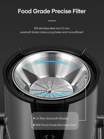 Close-up of a juicer filter with text highlighting features on a black background