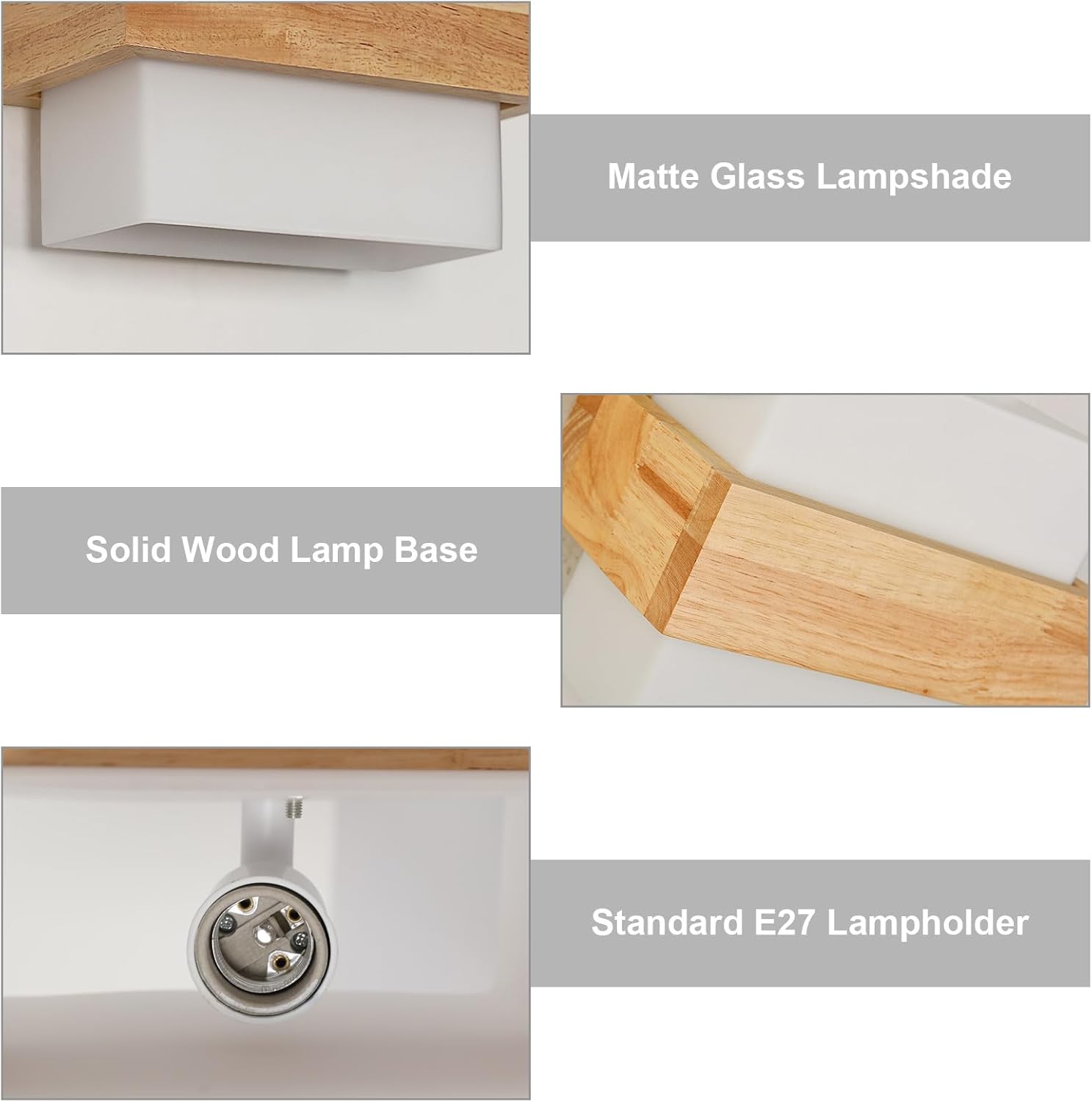 Close-up of a lamp with labeled parts including a matte glass lampshade, solid wood lamp base, and standard E27 lampholder.