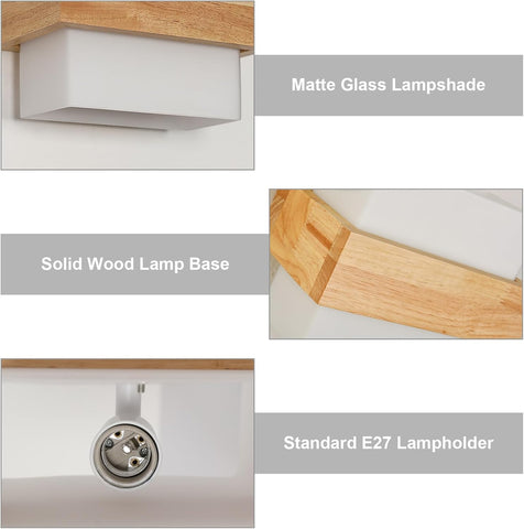 Close-up of a lamp with labeled parts including a matte glass lampshade, solid wood lamp base, and standard E27 lampholder.