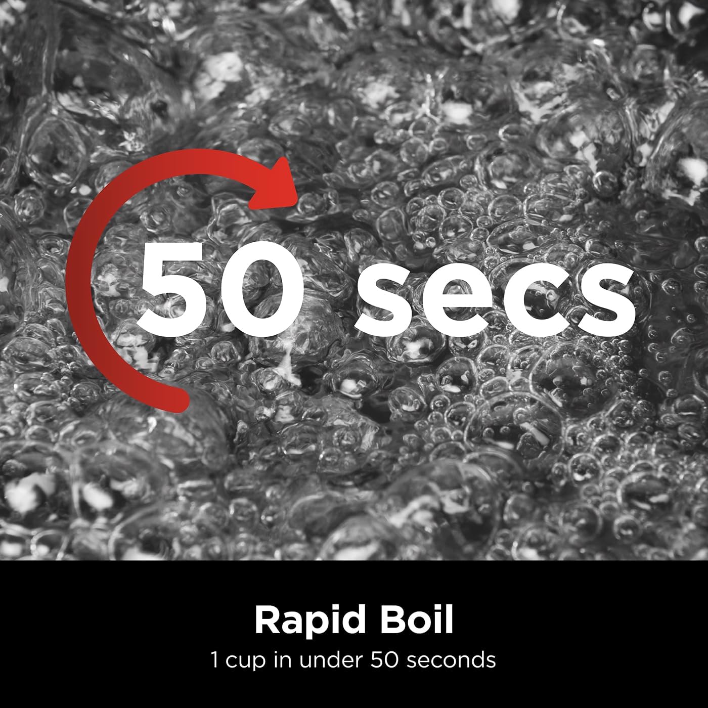 Close-up of boiling water with text indicating a rapid boil time of 50 seconds.