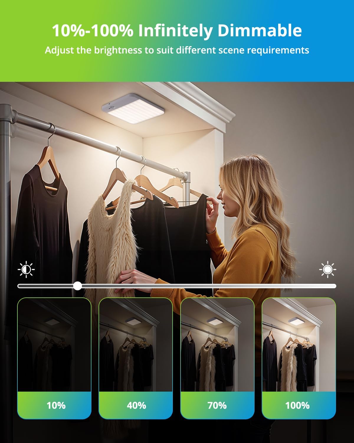 Clothing rack with lights and a woman adjusting settings, highlighting 10%-100% infinitely dimmable feature.
