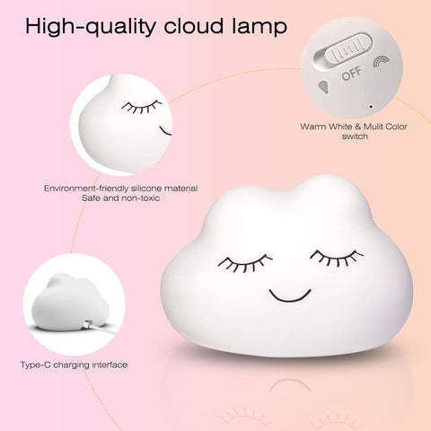 Cloud-shaped lamp with features highlighted on a pink background