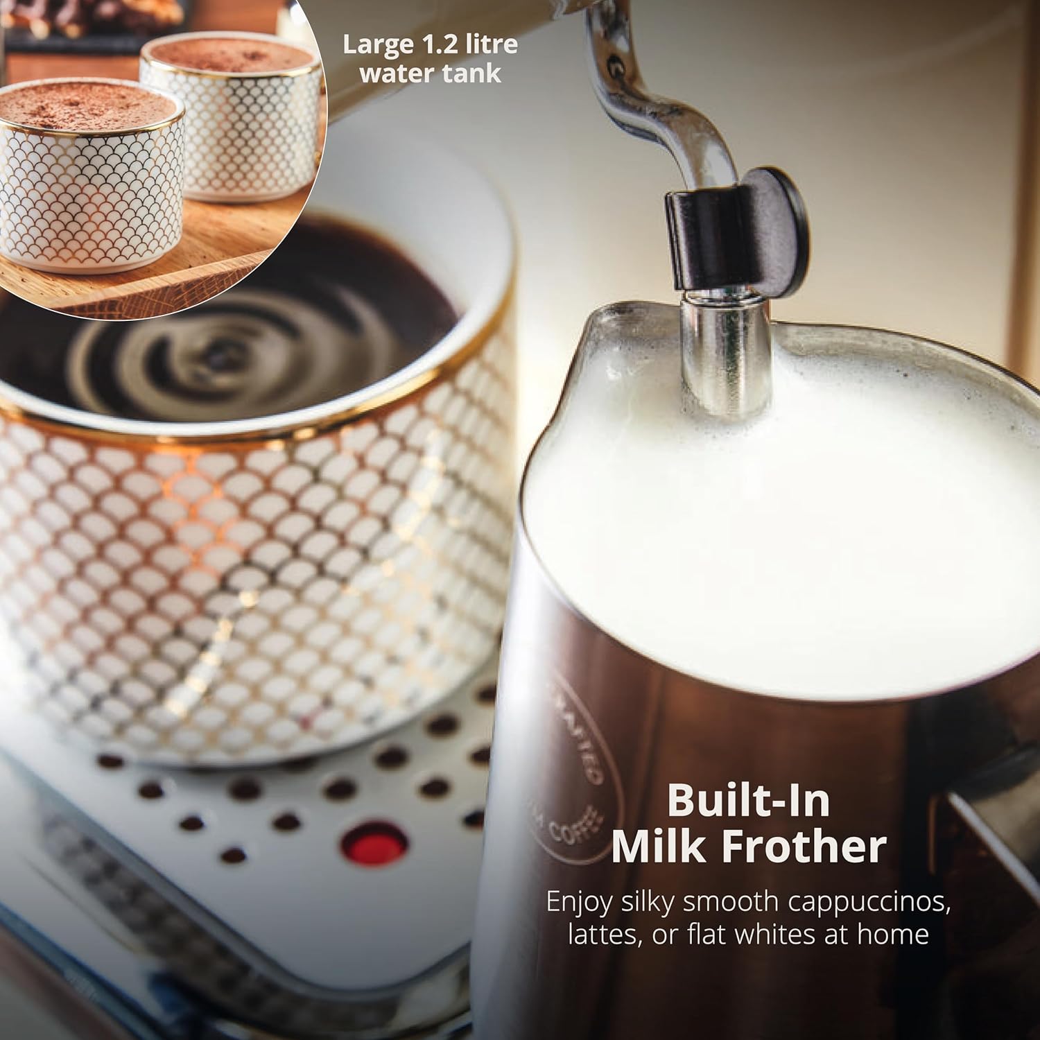 Coffee machine with milk frother attachment and text about its features.