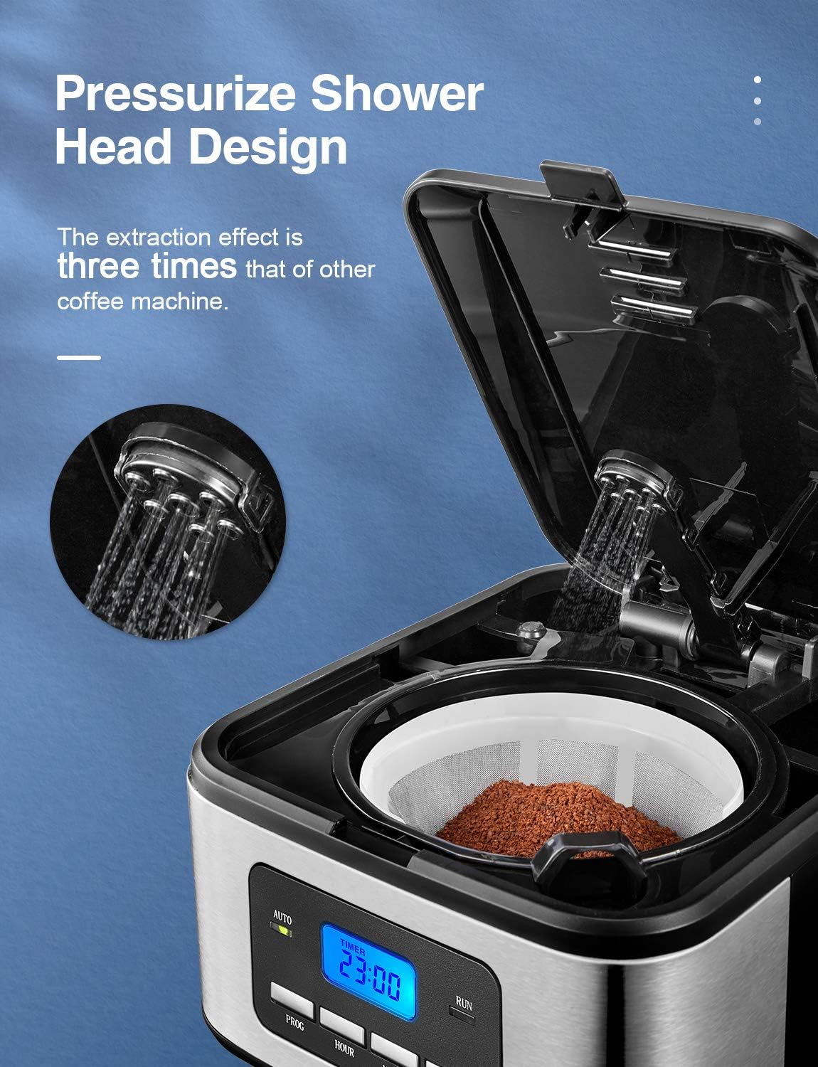 Coffee machine with pressurized shower head design on a blue background