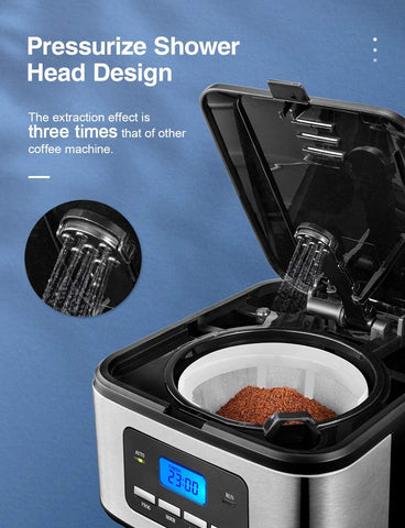 Coffee machine with pressurized shower head design on a blue background