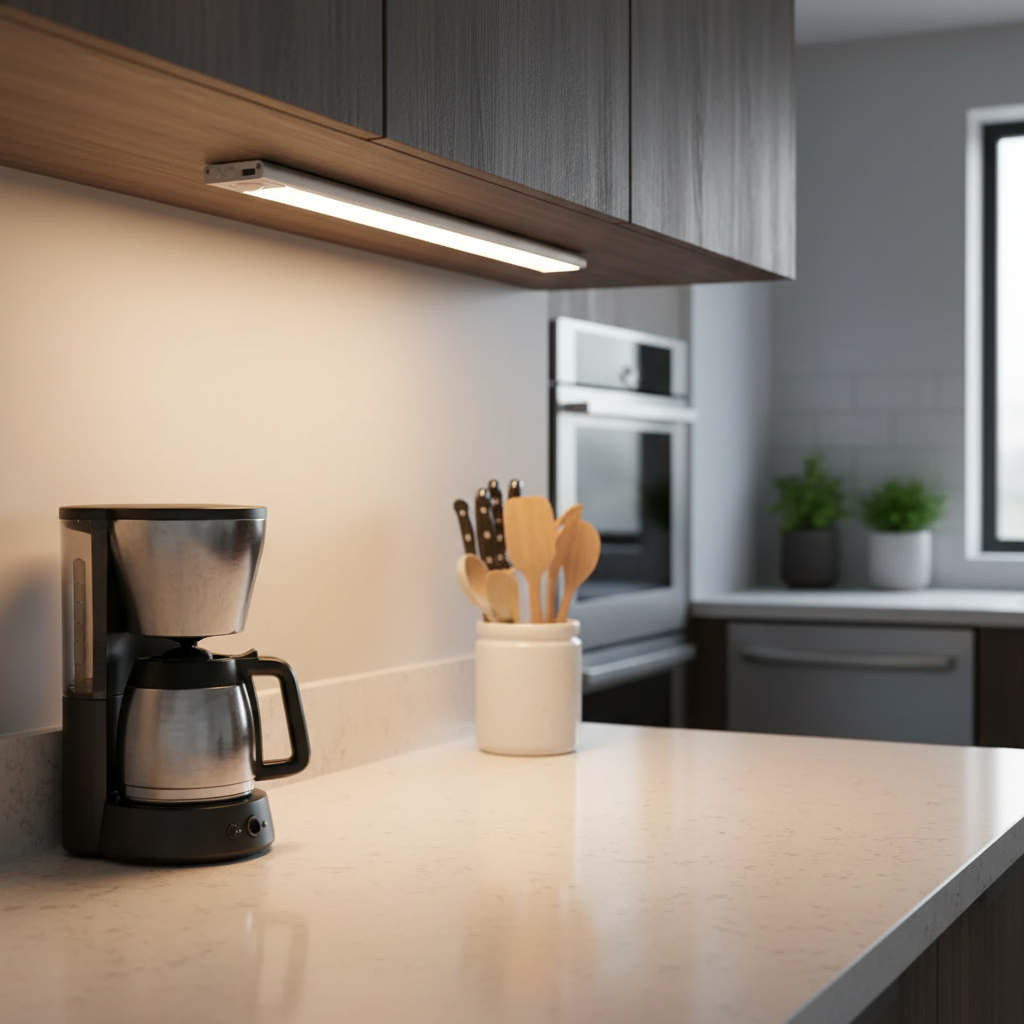 Coffee maker on a kitchen counter with utensils and cabinets in the background