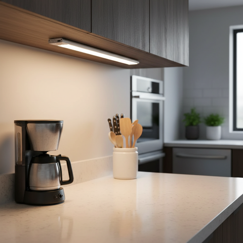 Coffee maker on a kitchen counter with utensils and cabinets in the background