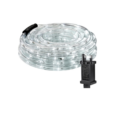 Coiled LED light strip with plug on a white background