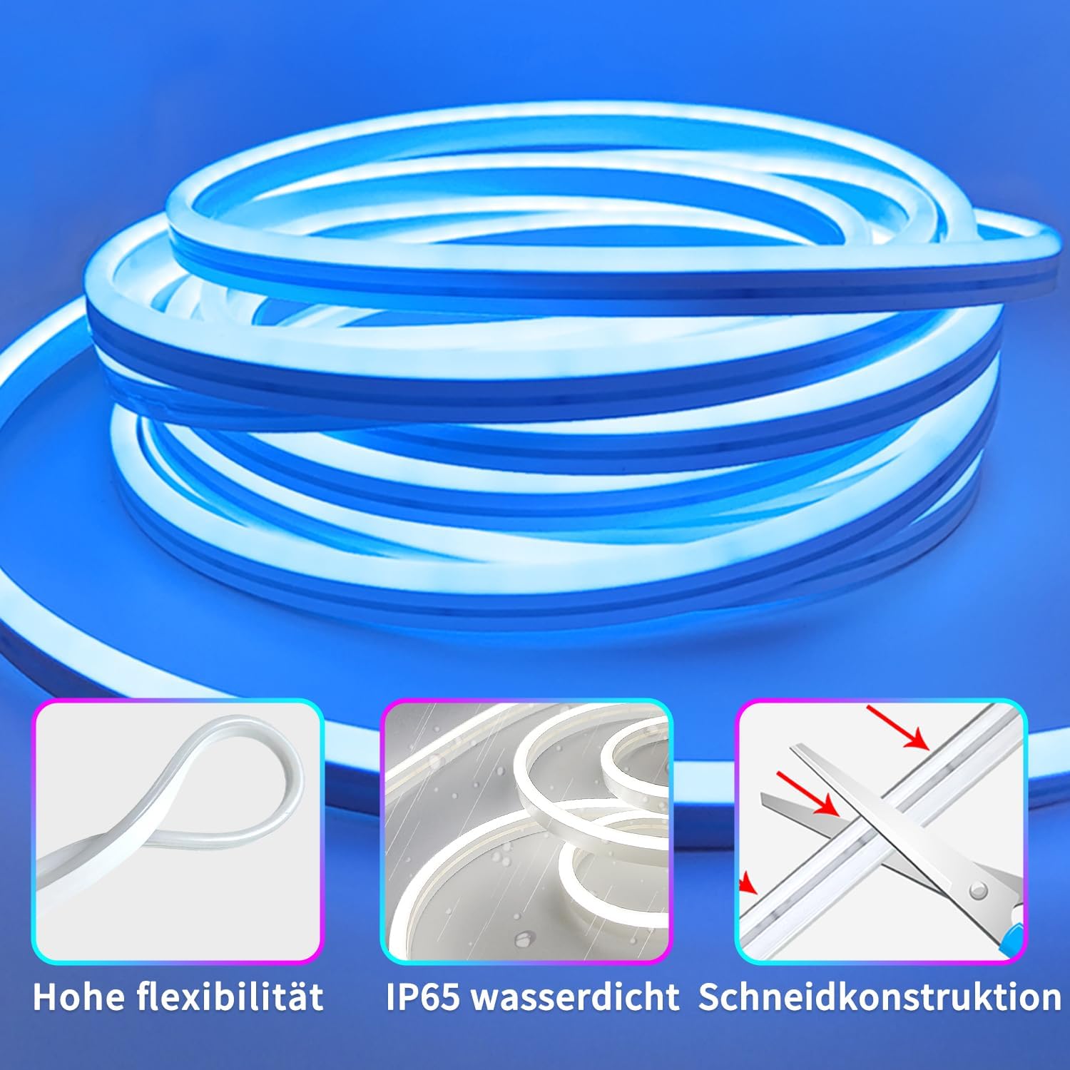 Coiled LED strip light with flexibility, water resistance, and cut resistance features on a blue background.