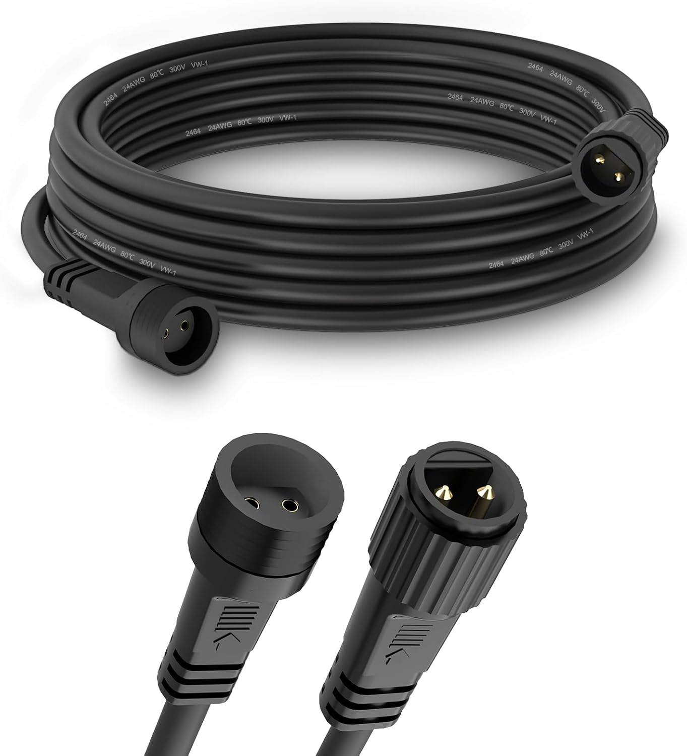 Coiled black cable with XLR connectors on a white background