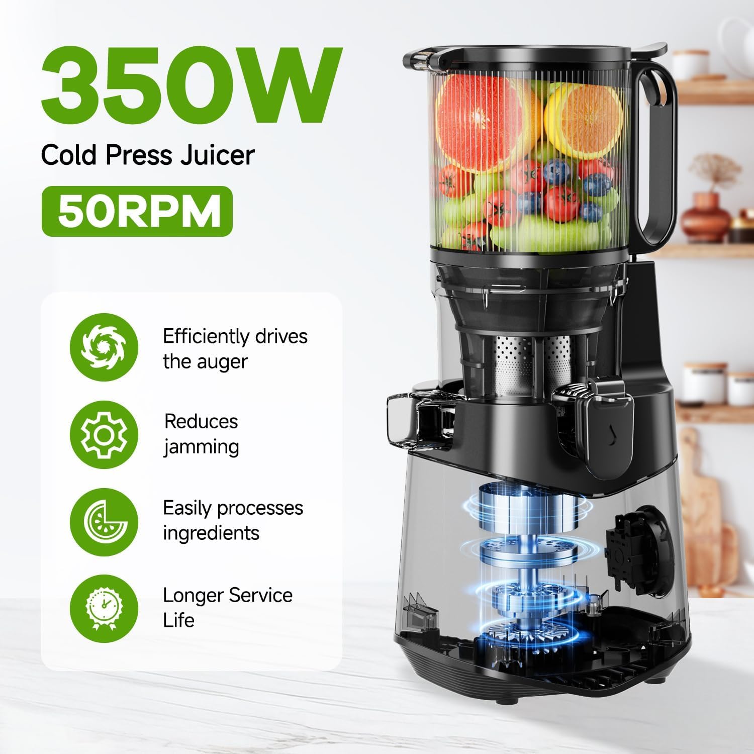 Cold press juicer with fruits and vegetables on a white background