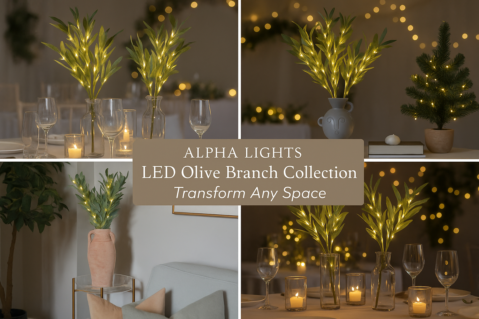 Collage of Alpha Lights LED Olive Branch Collection in various settings with text overlay.