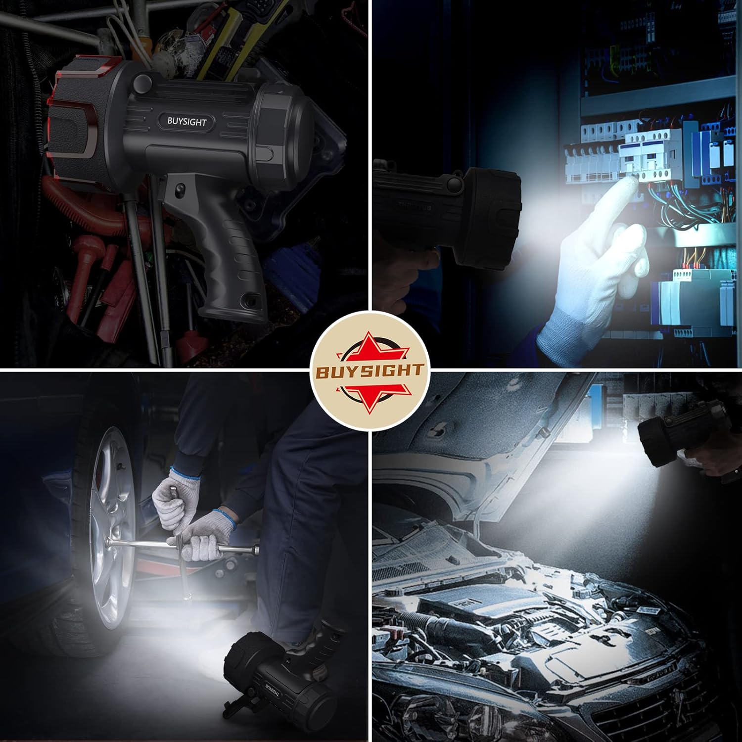 Collage of Buysight products including a flashlight, tool, and person working on a car with the Buysight logo in the center.