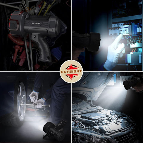 Collage of Buysight products including a flashlight, tool, and person working on a car with the Buysight logo in the center.