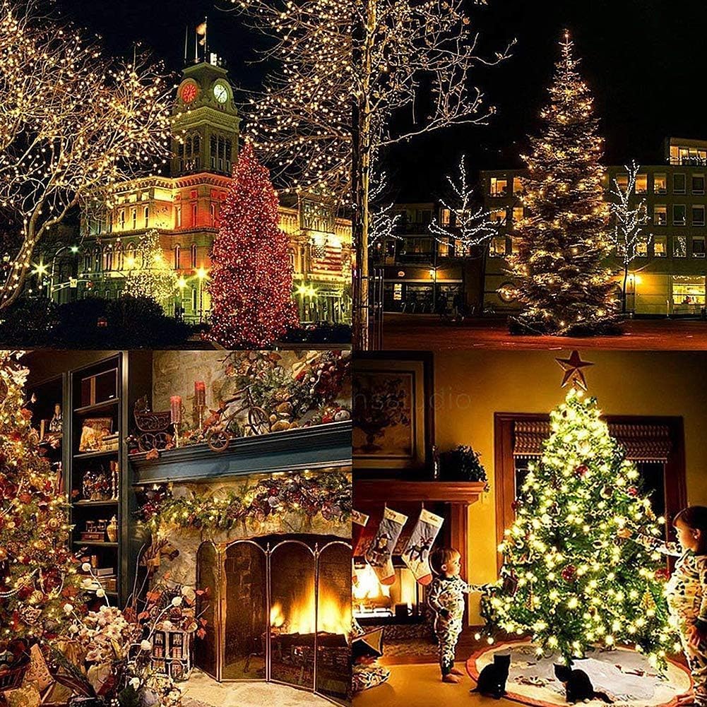 Collage of Christmas-themed images including a building, decorated trees, and a fireplace.