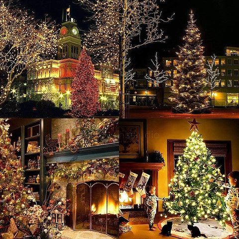 Collage of Christmas-themed images including a building, decorated trees, and a fireplace.