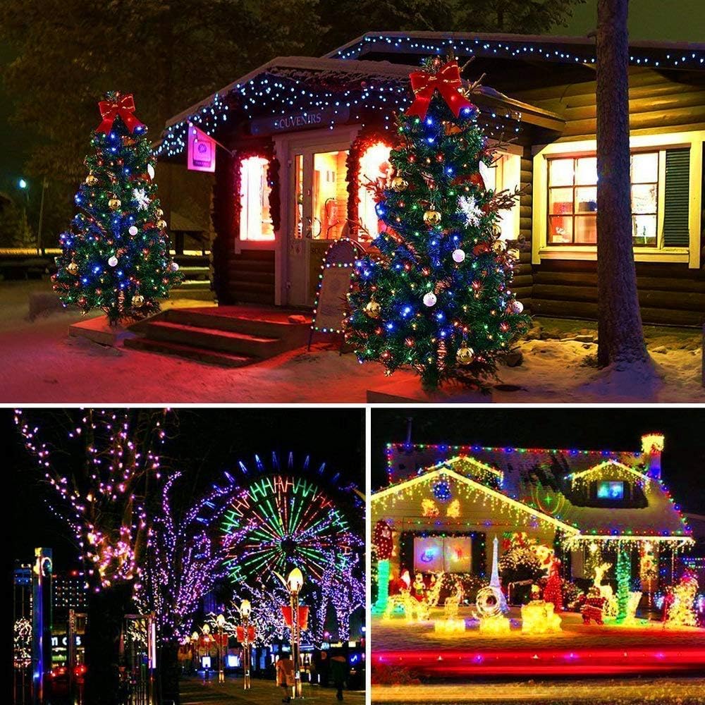Collage of Christmas lights on a house, trees, and a carnival ride.