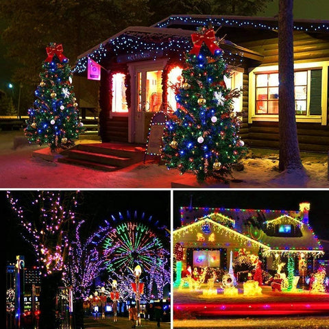 Collage of Christmas lights on a house, trees, and a carnival ride.