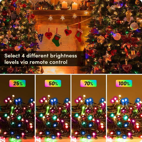 Collage of Christmas tree decorations with lights and text about brightness control.