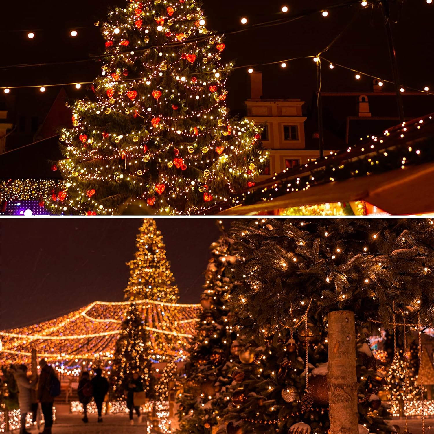 Collage of Christmas trees decorated with lights and ornaments in a festive outdoor setting.