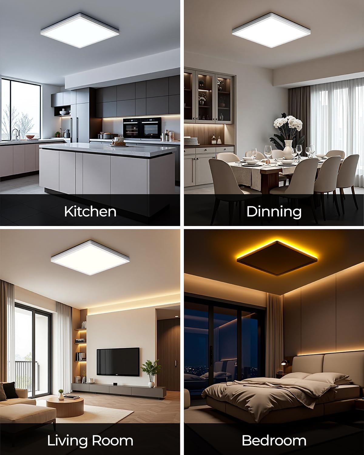 Collage of LED ceiling lights in different rooms: kitchen, dining, living room, and bedroom.