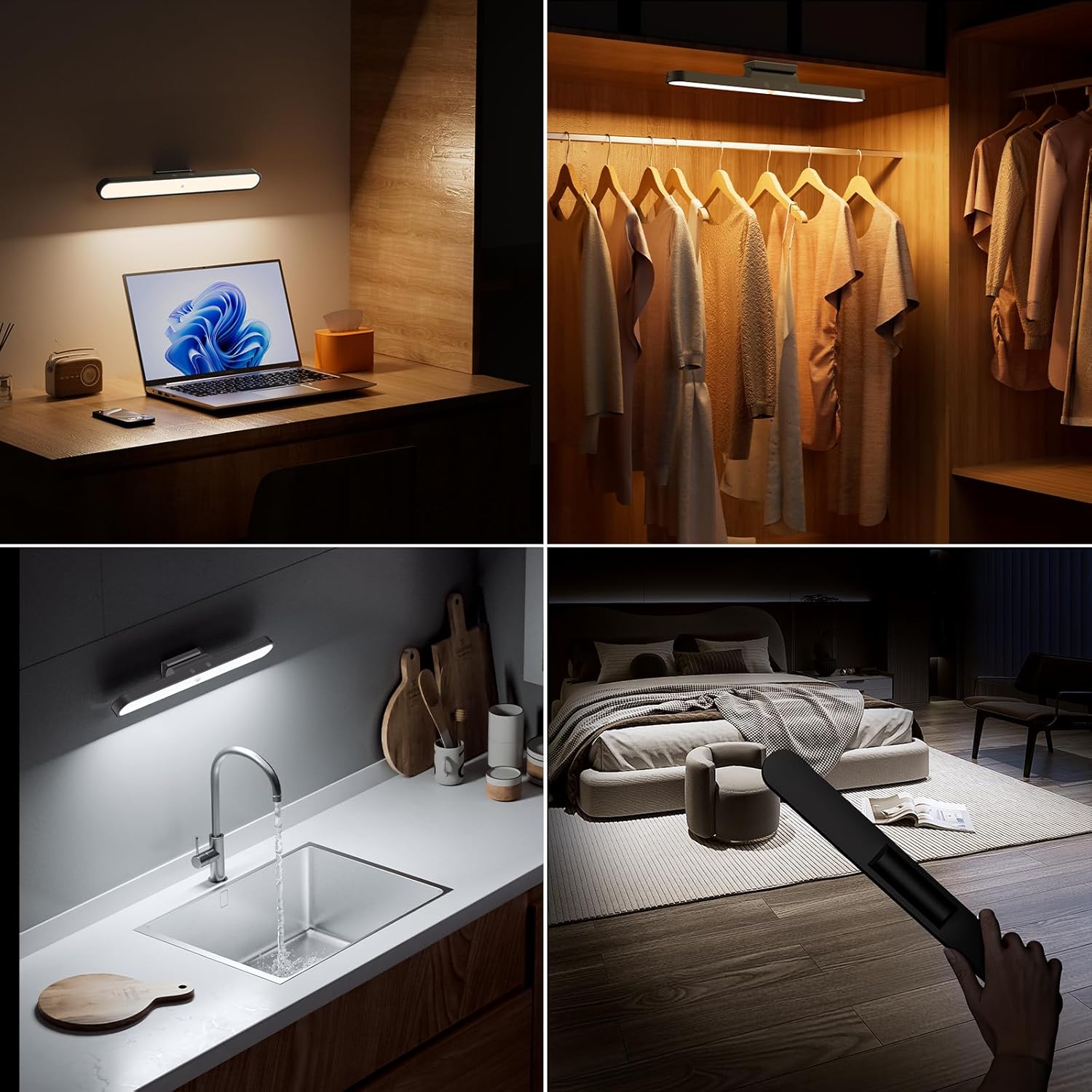 Collage of LED light bar in various settings including a desk, closet, kitchen, and bedroom.