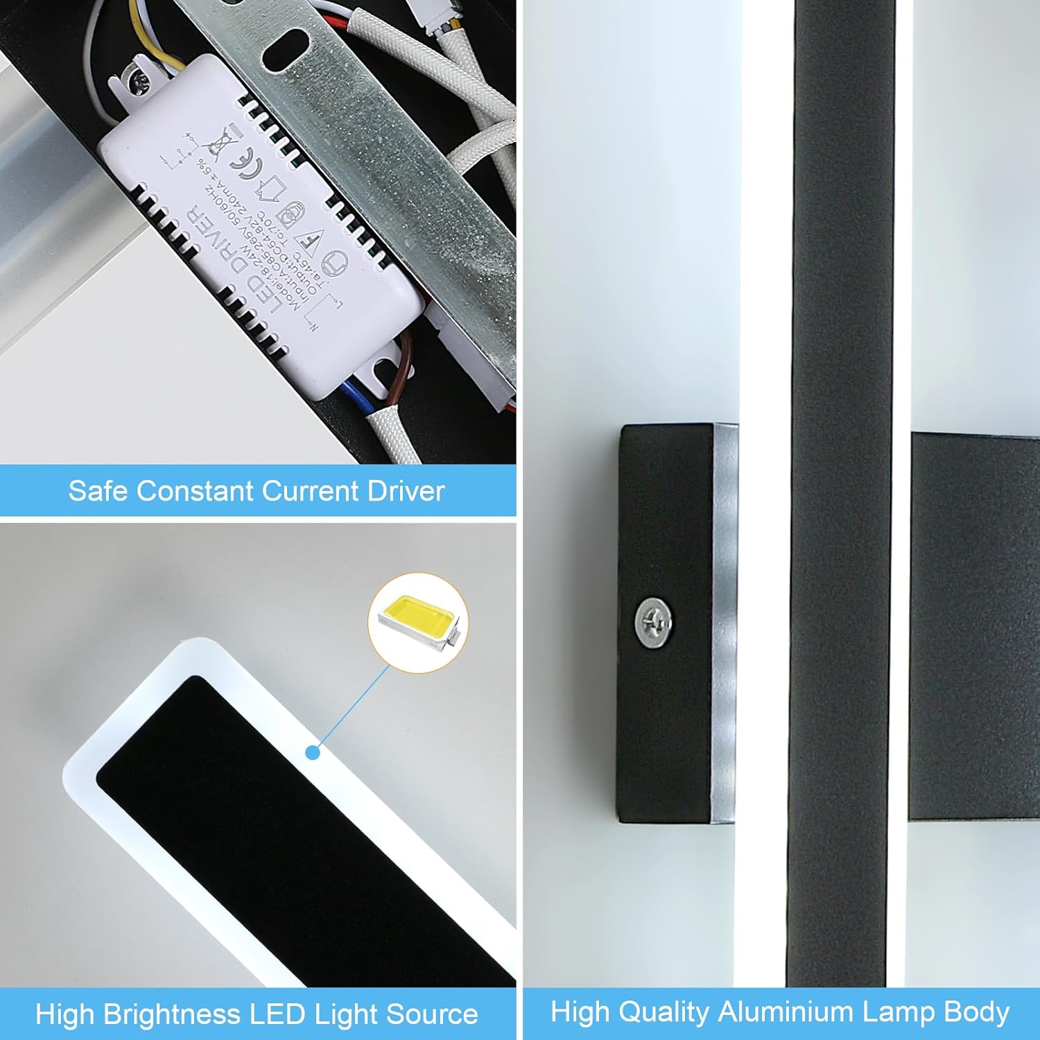 Collage of LED light components including a driver, light source, and lamp body on a white background.
