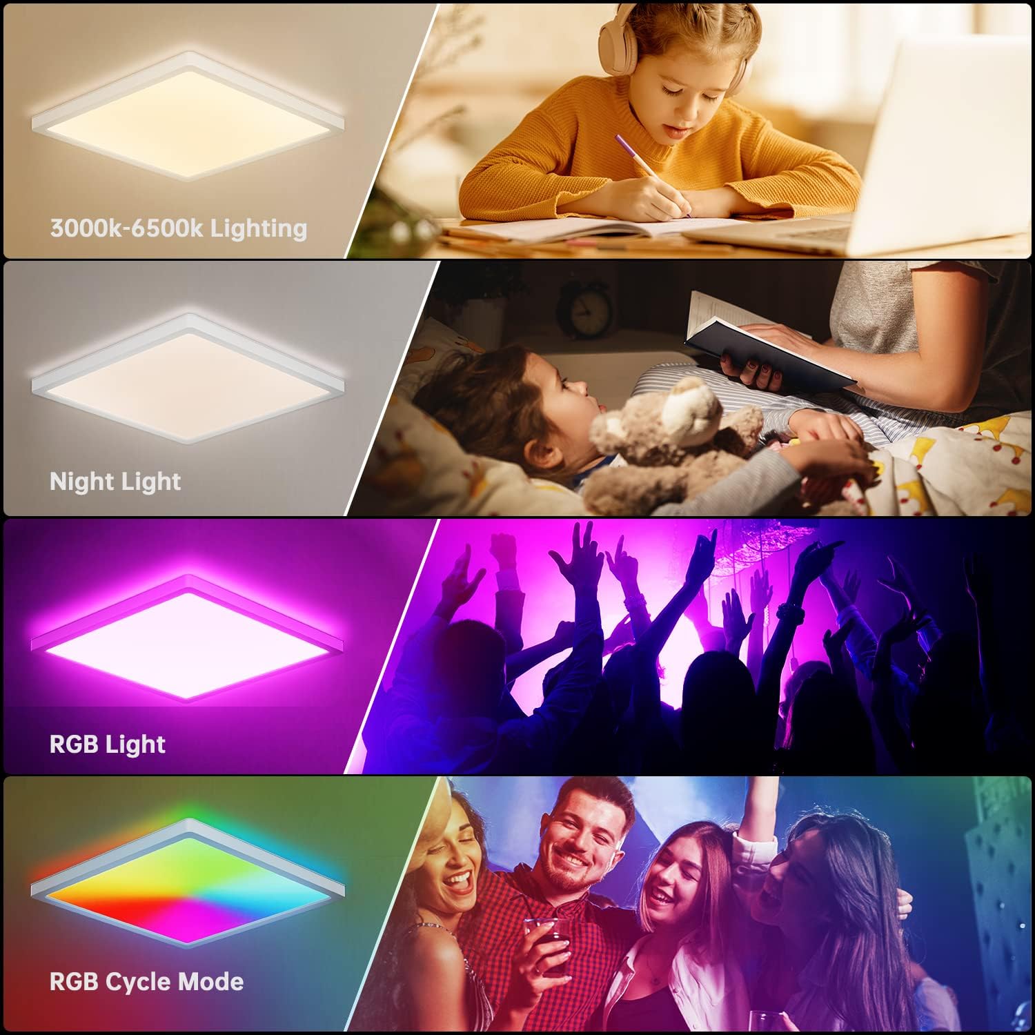 Collage of LED light fixture in various modes with people using it.