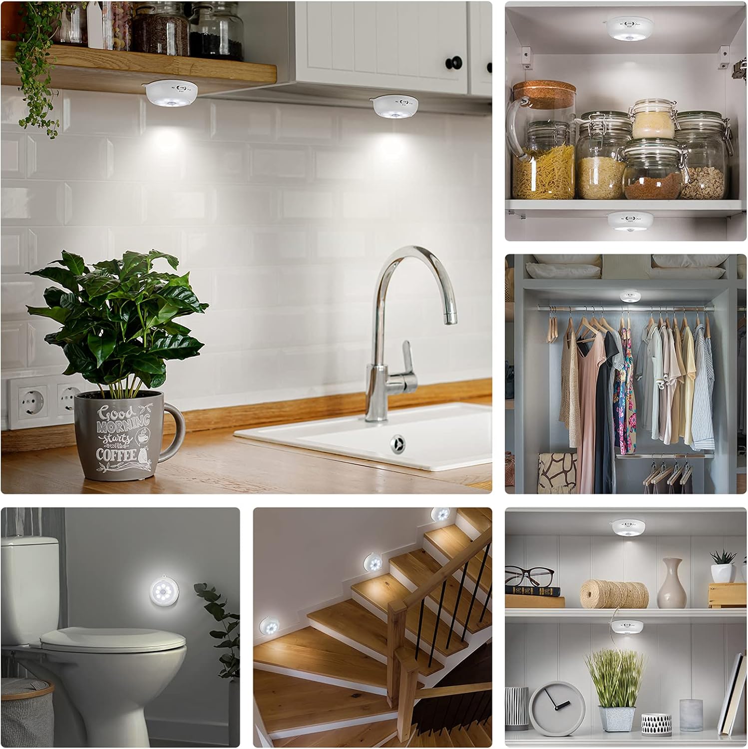 Collage of LED light fixtures in various indoor settings including a kitchen, wardrobe, and bathroom.