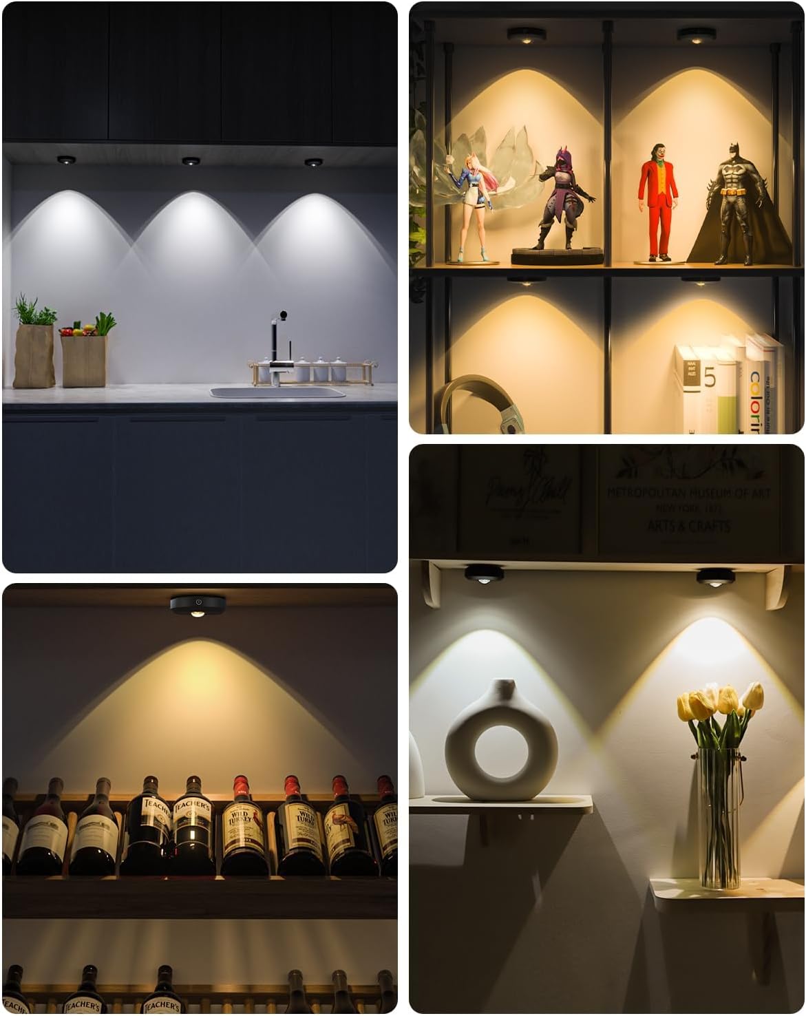 Collage of LED light fixtures in various settings including a kitchen, display cases, and shelves.
