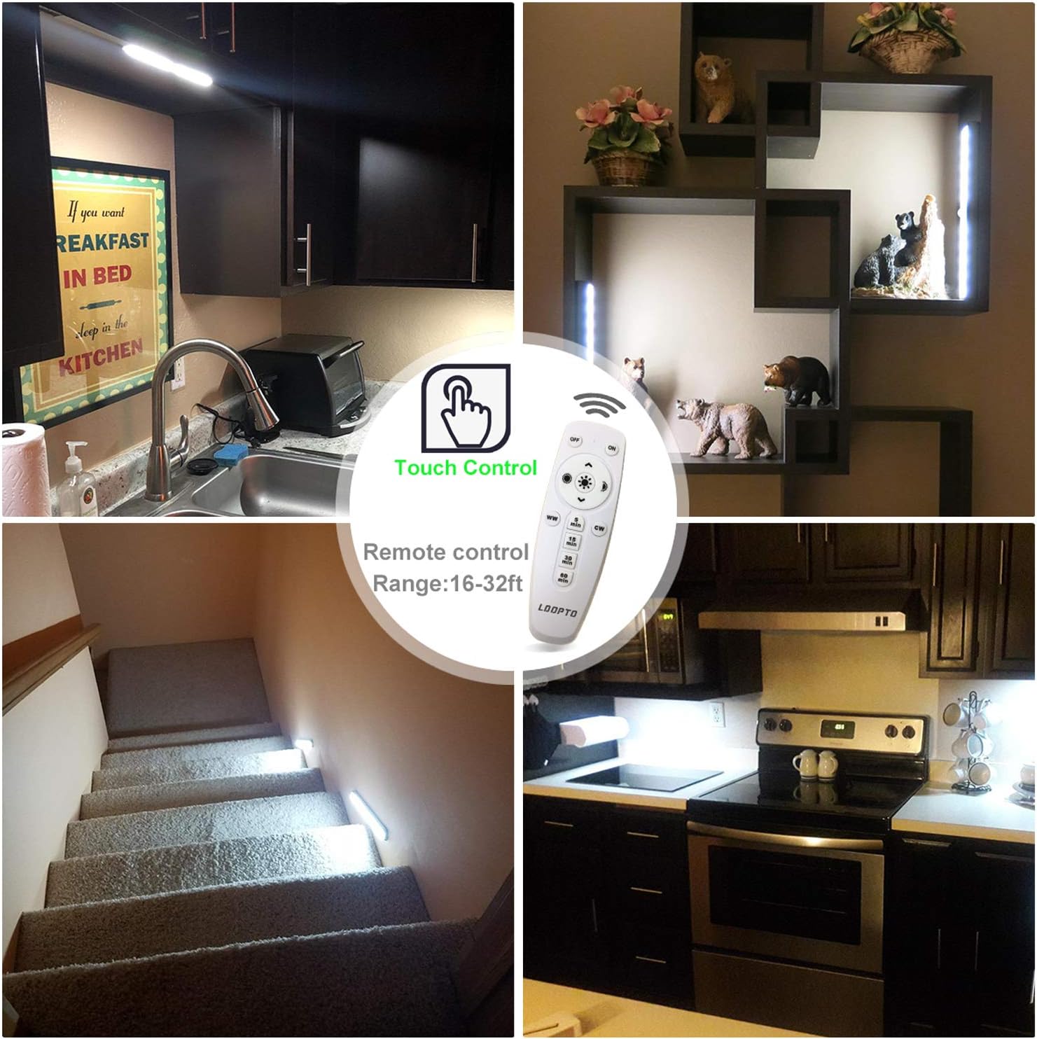 Collage of LED light fixtures in various settings with a remote control displayed.
