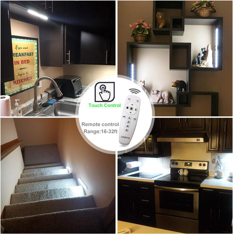 Collage of LED light fixtures in various settings with a remote control displayed.