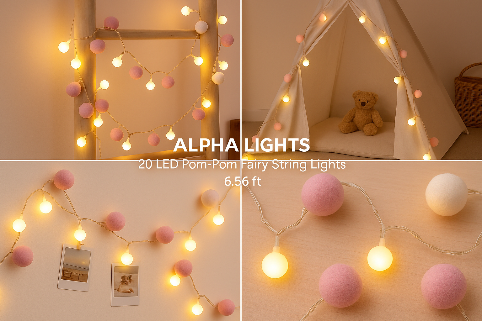 Collage of LED pom-pom fairy string lights with pink and white balls, used in various settings.